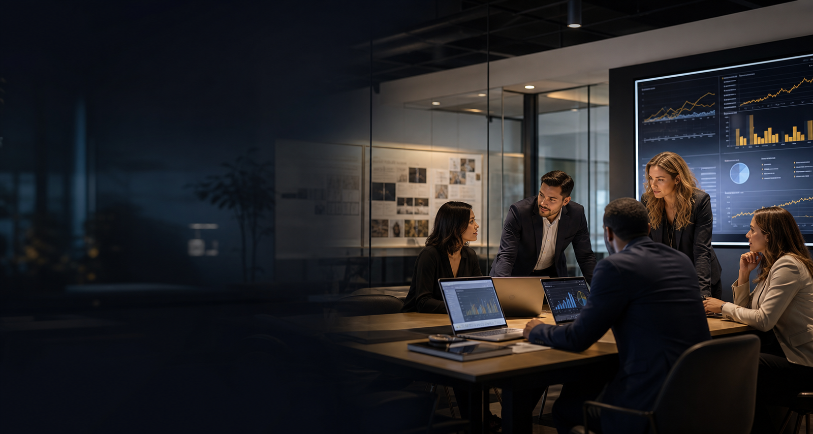 Corporate team reviewing digital strategy in a modern office